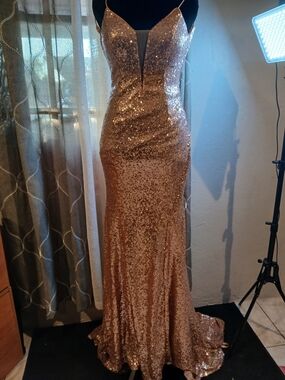 Rose Gold Sequin Spaghetti-Strap Prom Gown